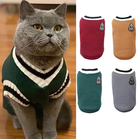 Autumn and Winter Pet Cat Solid Color Clothing Christmas Sweater College Style Dog Clothes Kitten Puppy Vest Clothes Cat Coat Cl