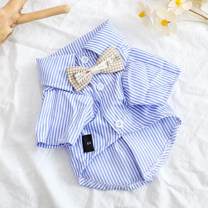 Pet Dog Clothes Bowknot Striped Shirts Thin Summer Blue Fashion Chihuahua Stripe Shirt for Small Dogs Clothing Wholesale